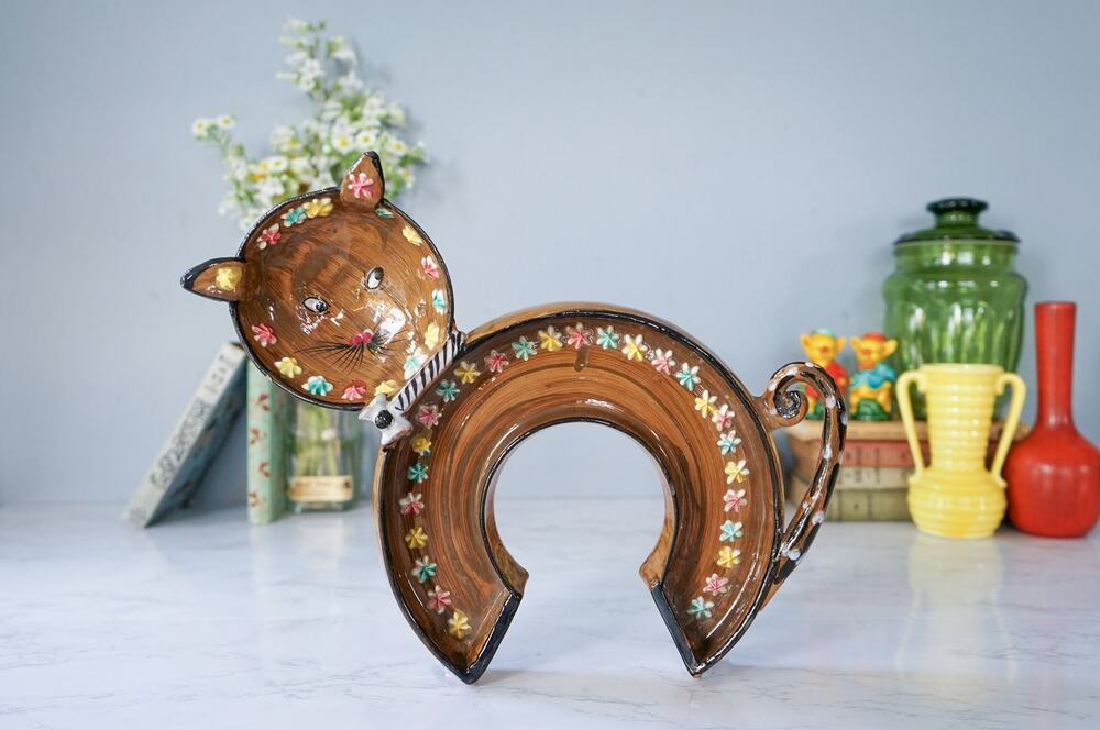 VTG 60s Elbee Italy Ceramic Cat Kitten Flower Tray Bowl Atomic Cottagecore